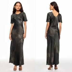 Silk Laundry Bias Dress Abstract Tie Dye Silk Short Sleeve Maxi Column Black L